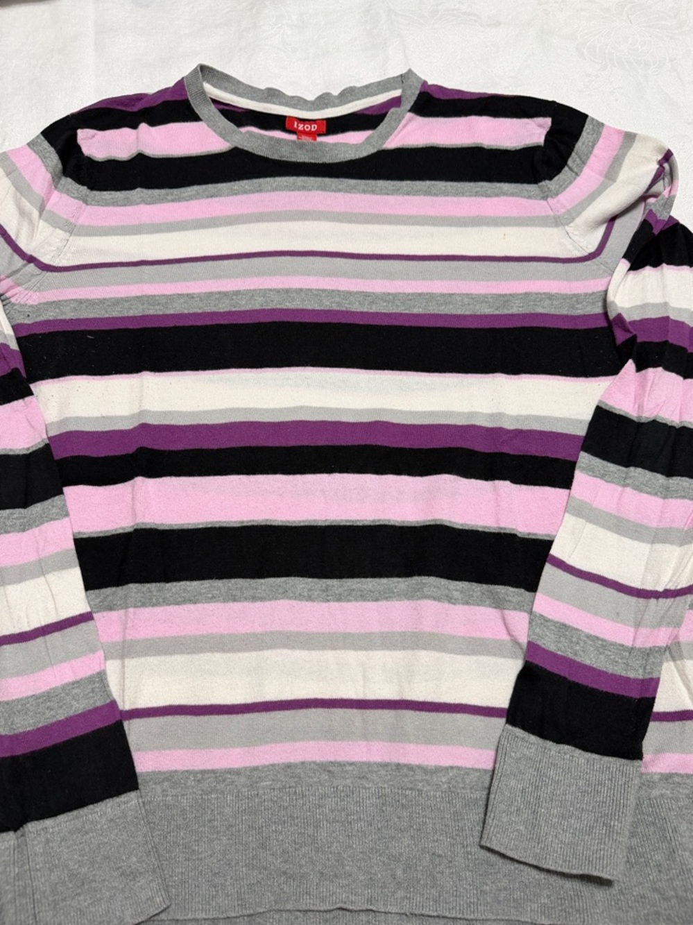 Izod Striped Crewneck Sweater in Pink, Black, Gray & Purple